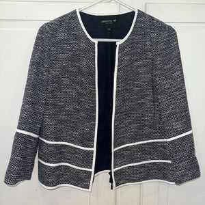 Lafayette 148 New York Navy White Jacket Small Full Zip 3/4 Sleeve Tweed‎ Like
